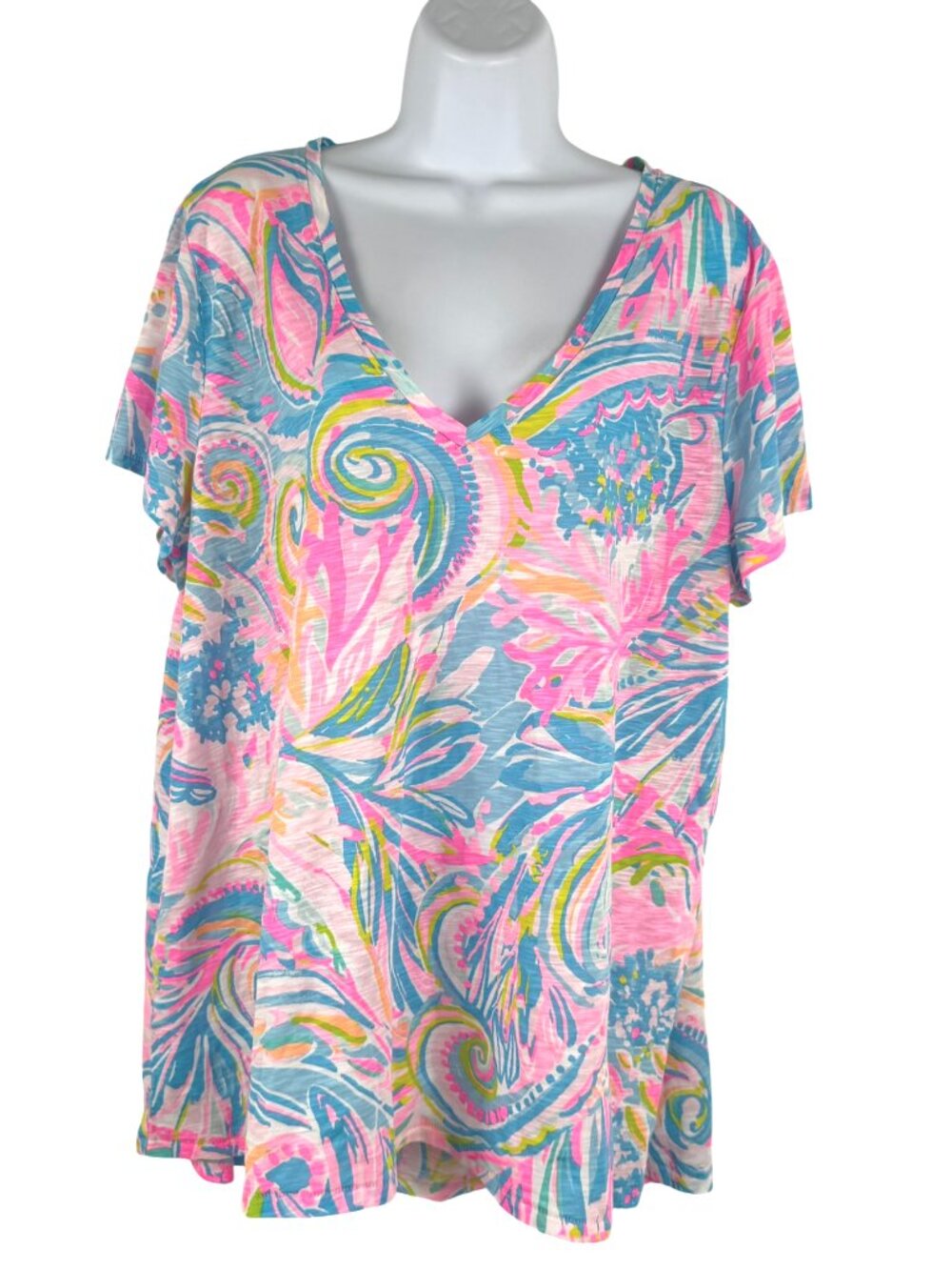 Lilly Pulitzer Etta V-Neck Cotton Top 2XL Carnival Coral Short Sleeve TP-3952
